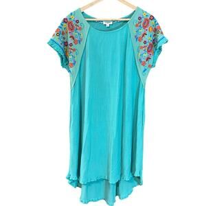 Umgee Turquoise Embroidered Sleeve Tunic Dress